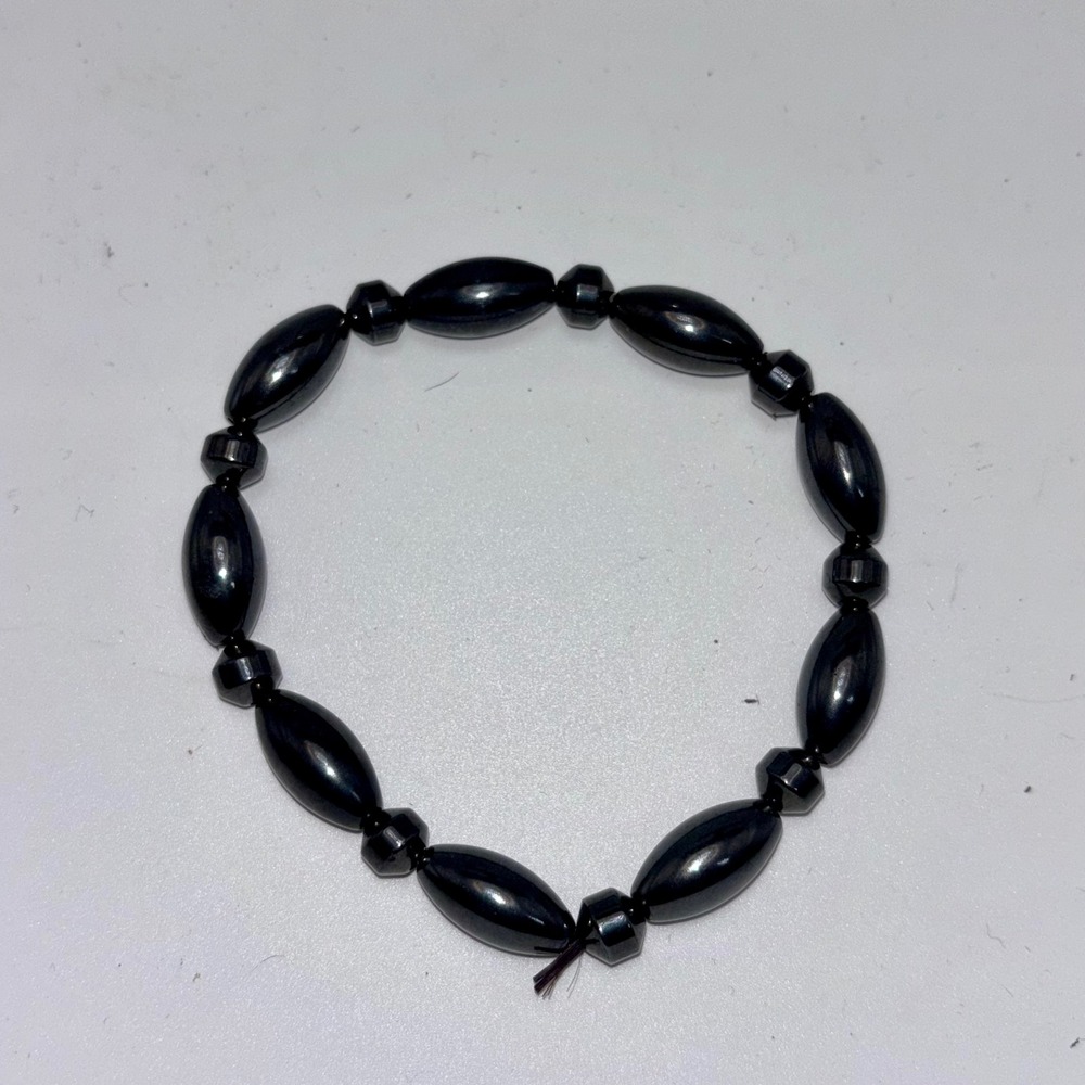 Vintage Magnetic Hematite Stretch Bracelet Black‎ Oval Rice Beads Unisex 8"